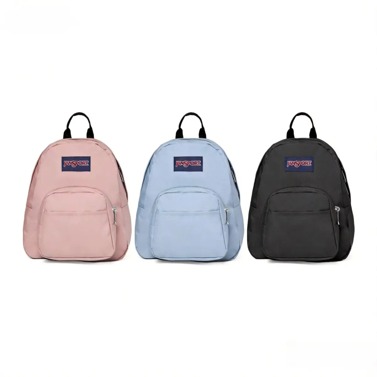 JanSport Half Pint Mini Backpack—A durable mini backpack with adjustable shoulder straps, a single main compartment, and a zippered pocket, in black