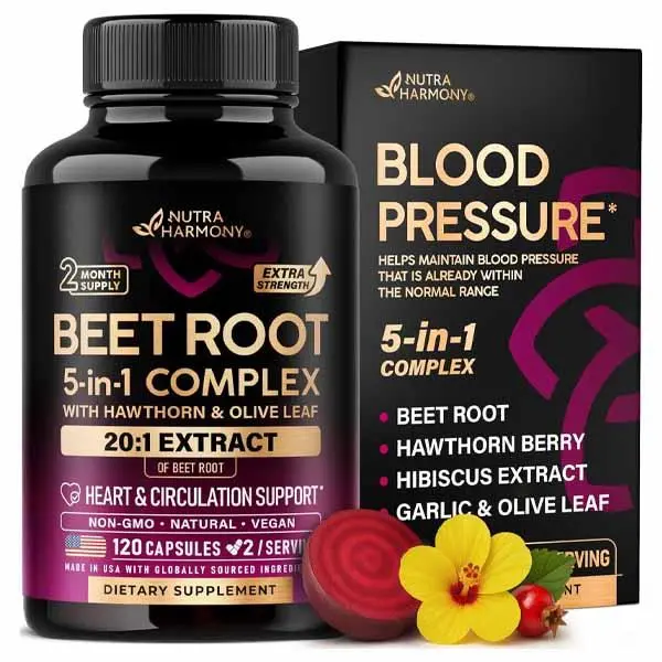 Beet Root Capsules - Healthy Blood Pressure Support Supplement** for Heart & Circulation Support - with Hawthorn Berry, Hibiscus & Garlic - Nitric Oxide for Energy - Made in USA, 120 Capsules