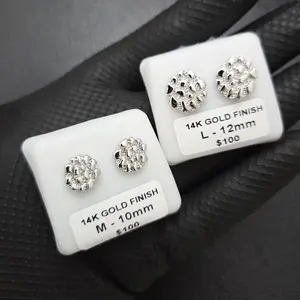 MaxBling81 Unisex High-End Brass 925 Sterling Silver Plated Cookie Nugget Stud Earrings Small 10mm & Large 12mm High Polished Surgical Steel Post Trendy Jewelry
