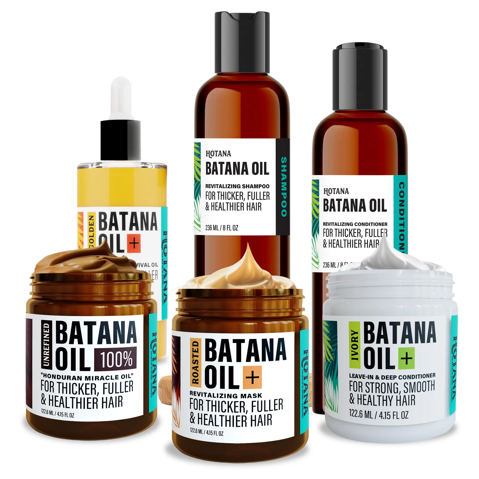 Hotana Ultimate Batana Oil Bundle - Unrefined, Golden, Roasted Hair Mask, Ivory Leave-In, Revitalizing Shampoo & Conditioner Cleansing Haircare
