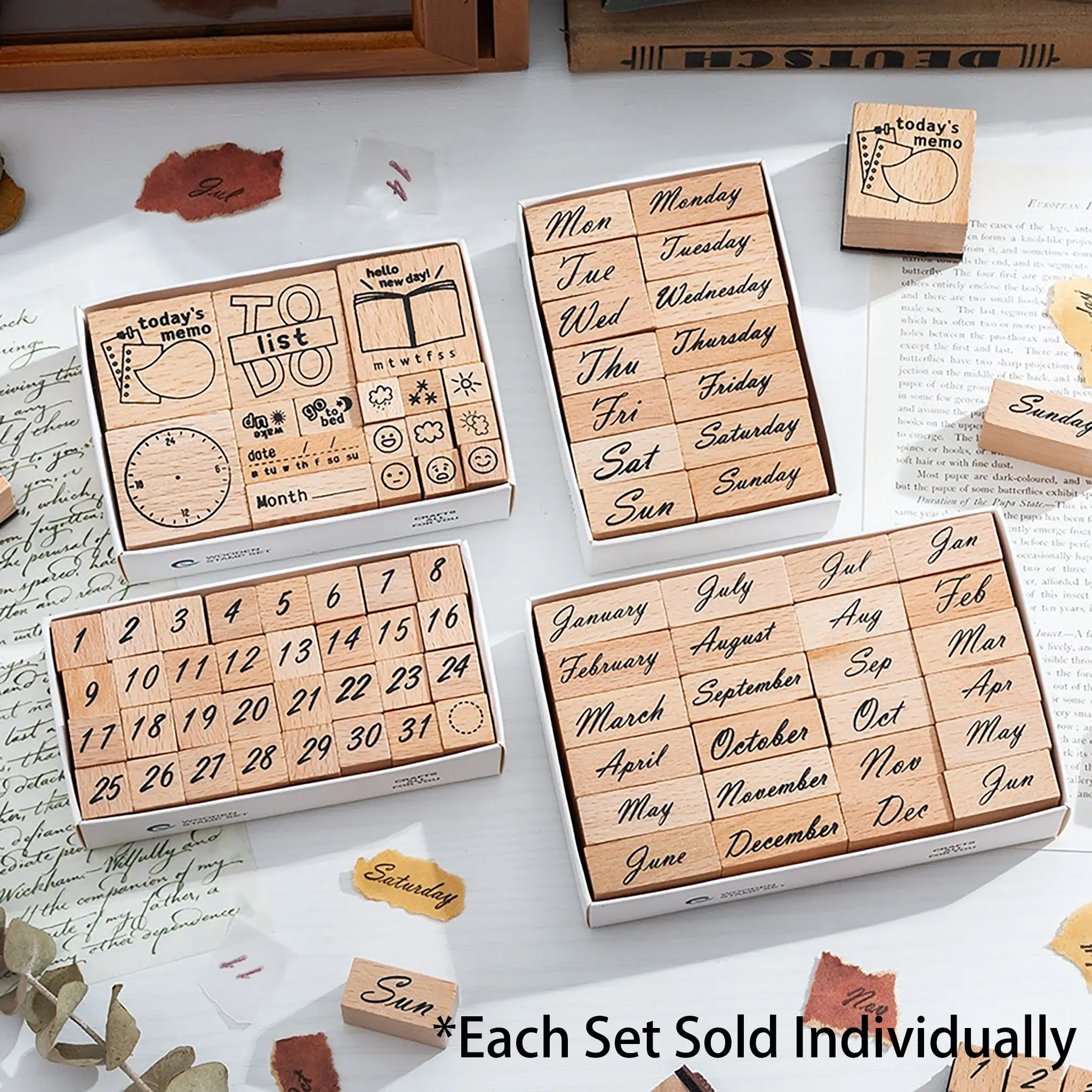 1 pcs Wooden stamp set box, Office Supplies, Office Stamps, monthly digital journaling stamps, date stamps, schedule stamps, time stamps
