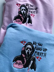 No You Hang Up First Scream Scary Movie Classic Halloween Spooky Sweatshirt Hoodie Top Soft Cozy Customizable For Men and Women Vintage Holiday Festive Horror Ghost Pumpkin Black Cart Costume Ideas Ghost Face hoodie sweatshirt Menswear