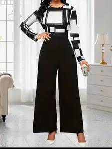 Women's Patchwork Print Jumpsuit, Elegant Fashion Casual Crew Neck Long Sleeve Jumpsuit for Daily Outdoor Wear, Women Jumpsuits for Spring Fall