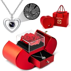 Valentine’s Day Preserved Rose & Diamond Necklace Gift Set – Eternal Love Romantic Gift for Girlfriend, Wife & Mom