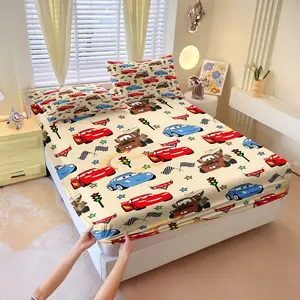 Ins Fresh Style, Colorful Cartoon Racing Full-Print Fitted Sheet, Strong Wrap-Around Fit, High Thread Count And Density, Machine Washable. Includes 1 Fitted Sheet And 2 Pillowcases Without Filling, The Top Choice For Children's Birthday Gifts.