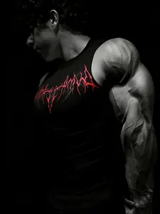Dark Personality Print Slim Fit Sleeveless T-Shirt, Workout Quick-Dry Elastic Vest, European Style Muscle-Defining Sportswear