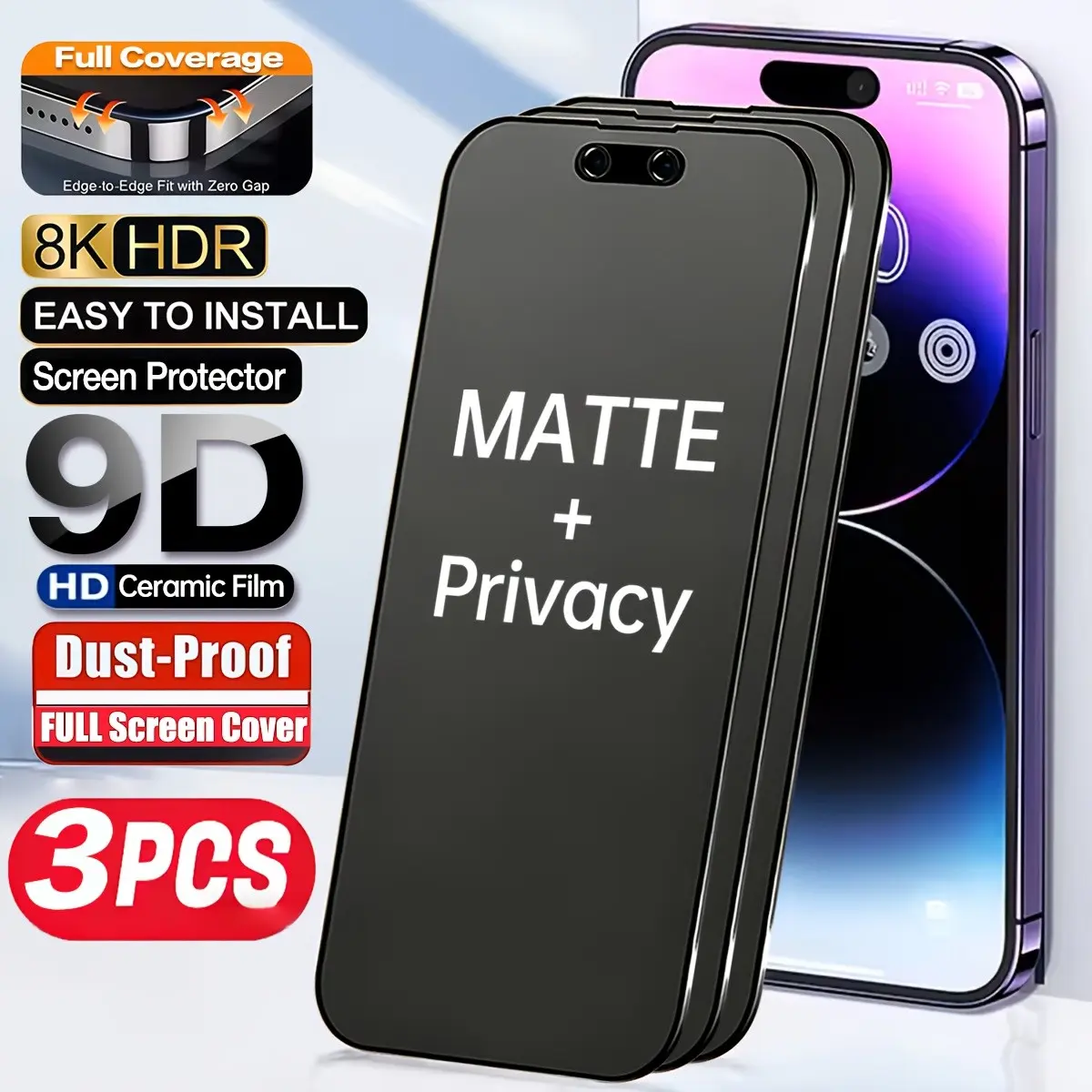 3 Pack Matte Anti Spy Privacy Protective Smartphone Screen Protector Compatible With IPhone 17/Air/17 Pro Max/16 Pro Max/XR/XS, 9H+ Hardness Tempered Glass Film, Anti-Scratch, Anti-Fingerprint, Anti-Peeping, Case Friendly, Bubble-Free, Protection