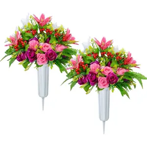 Artificial Cemetery  with Vase, Set of 2 Artificial Rose Lily Bouquet Graveyard Memorial  for Cemetery Headstones Decoration