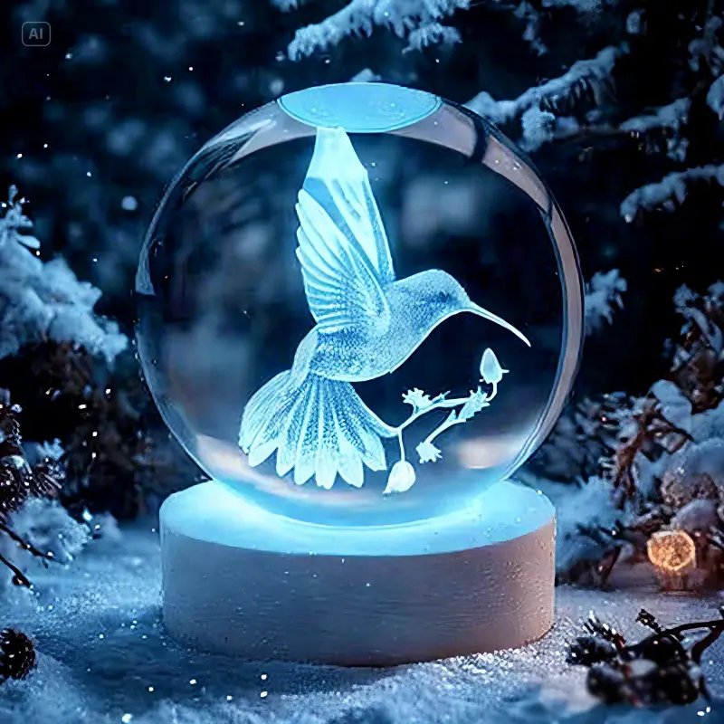 3D Crystal Ball Hummingbird Night Light with Color LED Glow Base, Lifelike 3D Bird Glass Ornament Figurine for Kids Room, Window Sill Home Decoration, Thoughtful Gift for Hummingbird Nature Lovers (Birthday/Christmas), 3D Laser Art