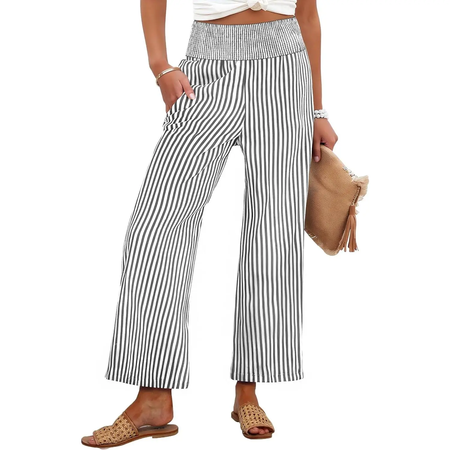 ANRABESS Women Striped Gingham Wide Leg Palazzo Pants Lounge Casual Cropped PJ Bottoms Cute Plaid Pants with Pockets