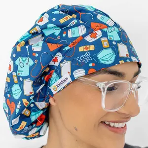 KimKaps Scrub Hub Bouffant Scrub Hat - 100% Cotton Medical Scrub Cap with Red Ribbons for Stylish Comfort - Perfect for Medical Professionals