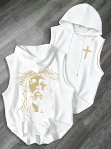 Men's Jesus Crown of Thorns Cross Print Sleeveless Hoodie, Religious Theme Vest, Urban Fitness Streetwear, Casual H-Type Fit#JesusGraphicHoodie #FaithBasedStreetwear #CrossPrintTankTop #SleevelessHoodie #TikTokFashion