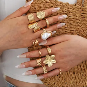 12Count Chunky Gold Ring Set for Women, 14K Gold Plated Non-Tarnish Stackable Rings, Trendy Flower & Knuckle Statement Jewelry Gift Anniversary Fashion