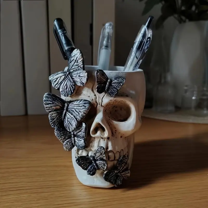 Halloween Butterfly Skull Pen Holder, Creative Resin Craft, Unique Desk Accessory, Perfect for Halloween Decor, Handmade Artisanal Piece, Pencil Holder, Pen Cup Holder for Desk, Pen Organizer