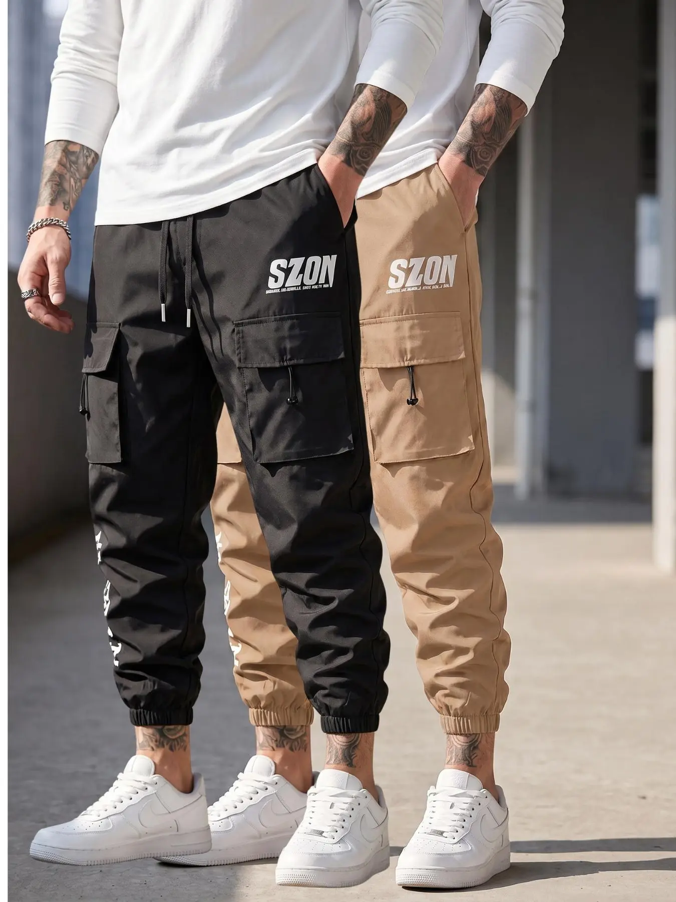 Men's 2-Pack (2 Pieces) Letter Print Polyester Cargo Joggers, Casual Menswear Clothes, Loose Comfortable Streetwear Pants with Drawstring, Flap Pockets for Summer, Drawstring Belt, Loose-Fit, Mid-Waist