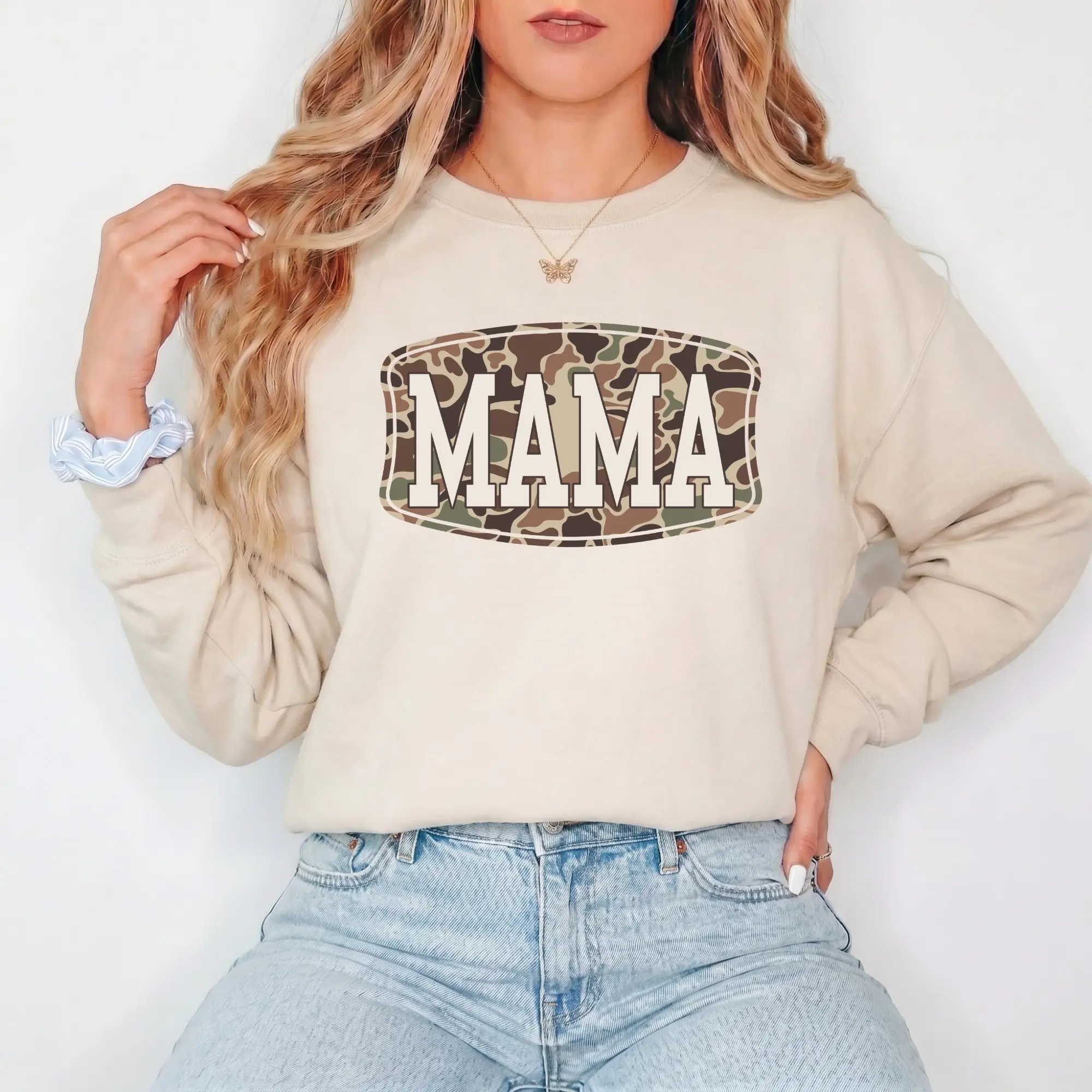 Camo Mama Sweatshirt, Trendy Camouflage Graphic Crewneck, Cool Casual Style, Mother’s Day Gift for Moms, Stylish Apparel for Women
