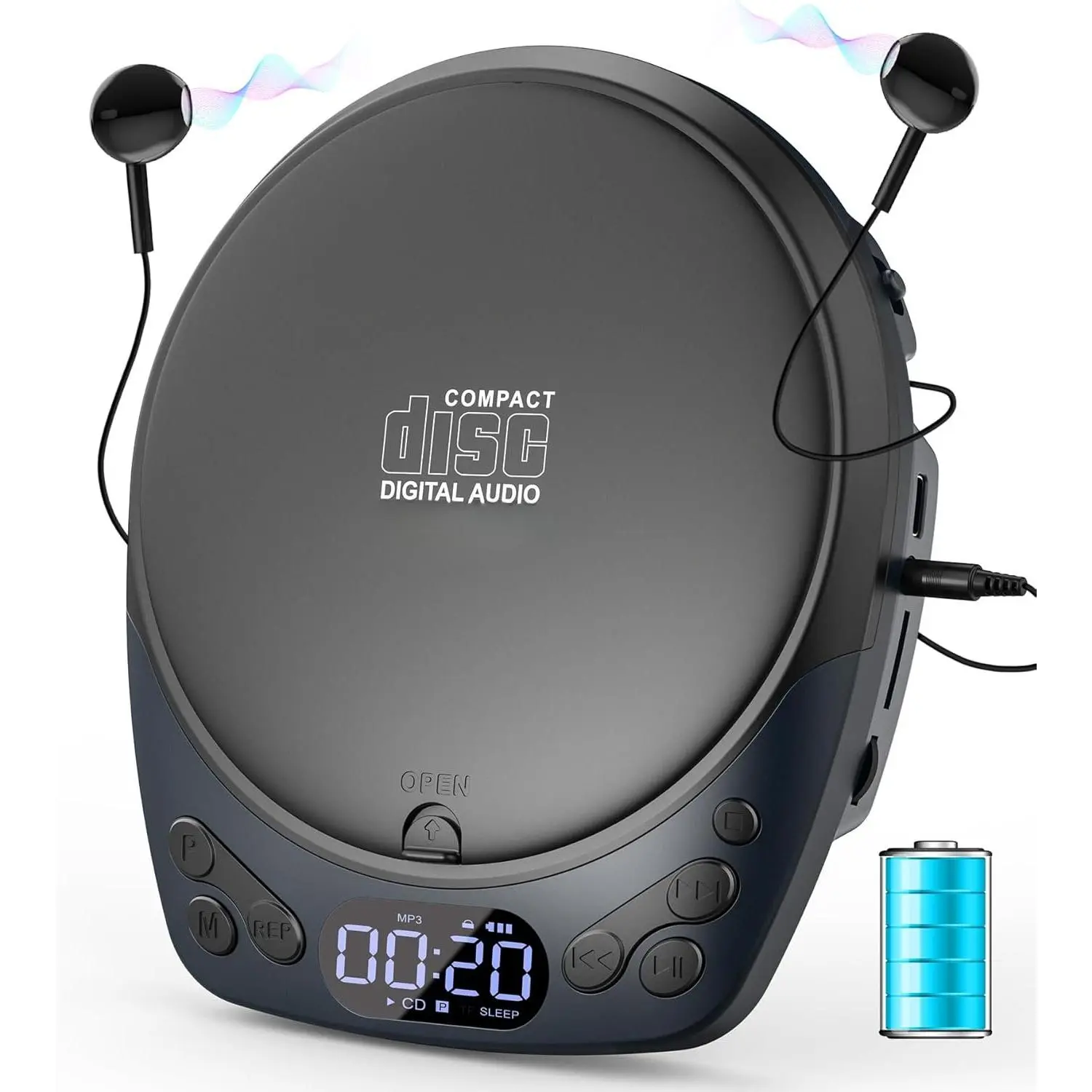 Portable CD Player with Headphones, Rechargeable Discman CD Player for  & , Small CD Players Portable with 60s Anti-Skip, Supports CD/MP3/WMA/TF Card/AUX, Backlit/Lock/Programmable/Timer