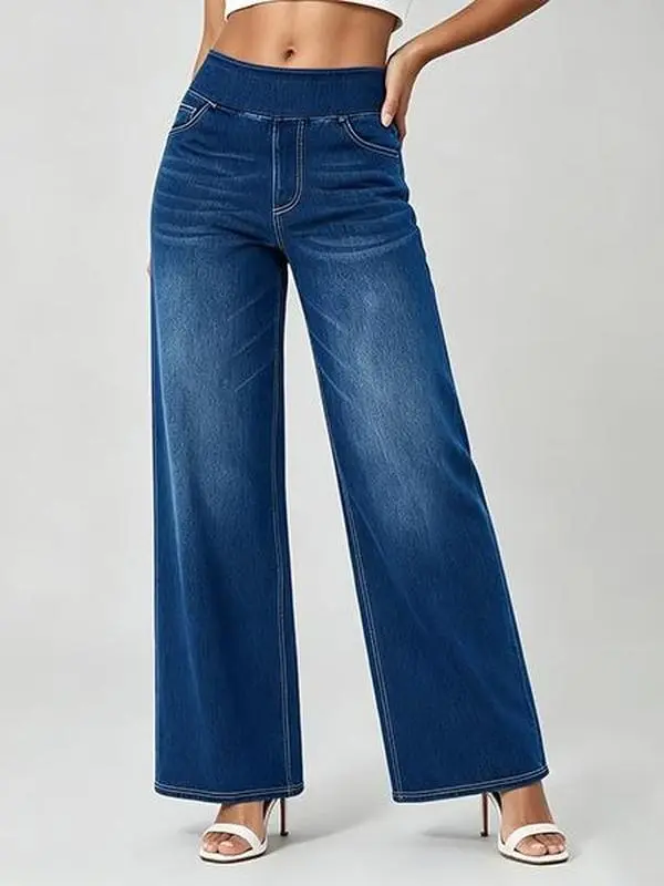 DIVASTORY Women's High Waist Stretchy Wide Leg Jeans - Pull-On, Tummy Control, Baggy Fit Trousers with Functional Pockets for Casual Work Wear, Fall Outdoor Activities