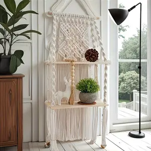 Double-layer handmade Bohemian tassel woven storage rack with LED lights and a green vine hanging bracket — wall-mounted wooden shelf suitable for home organization, country-style decor, bohemian room storage, and entryway — no installation required, floa