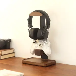 Aesthetic Walnut Wood Headphone Stand & Game Controller Holder Premium Metal Desk Organizer Tray for Cozy Gaming Setup & WFH Minimalist Headset Mount Ultimate Gamer Gift Idea for Him Free express