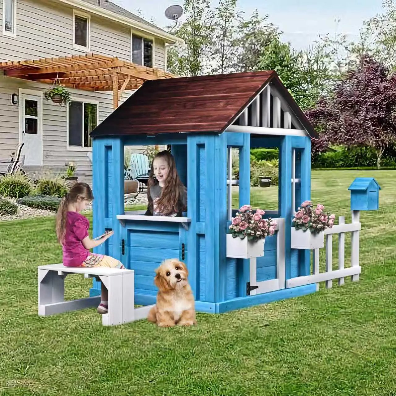Bellemave Solid Pine Outdoor Playhouse for Kids, Backyard Playsets Outdoor Play Equipment with Cottage Look, Half Door, Windows, Mailbox, Fence, Flowerpot Holders, Picnic Bench for Garden Lawn Patio