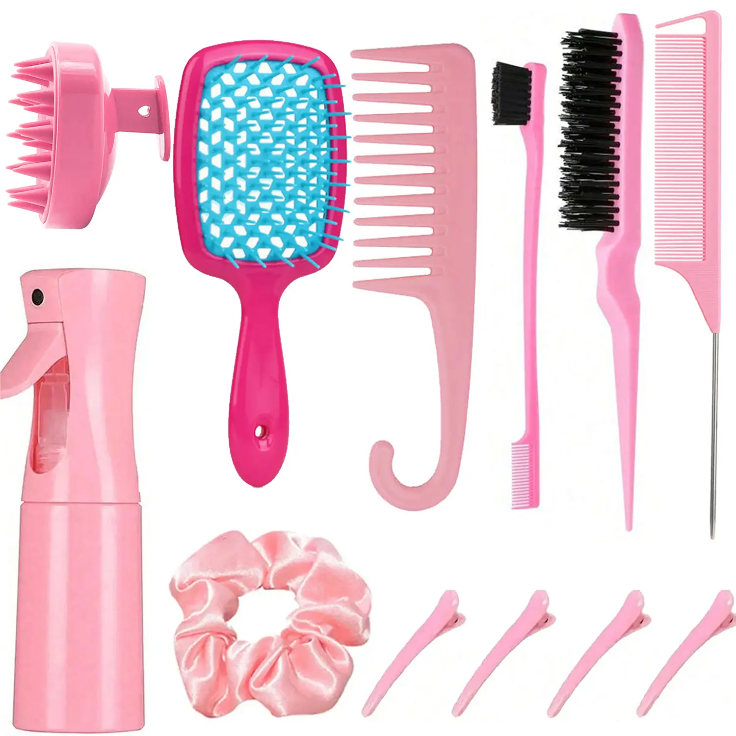 Hair Styling Set with Detangler Brush, Wide-Tooth Comb, Spray Bottle, Scalp Massager, Section Clips and Hair Scrunchie for Daily Hair Care