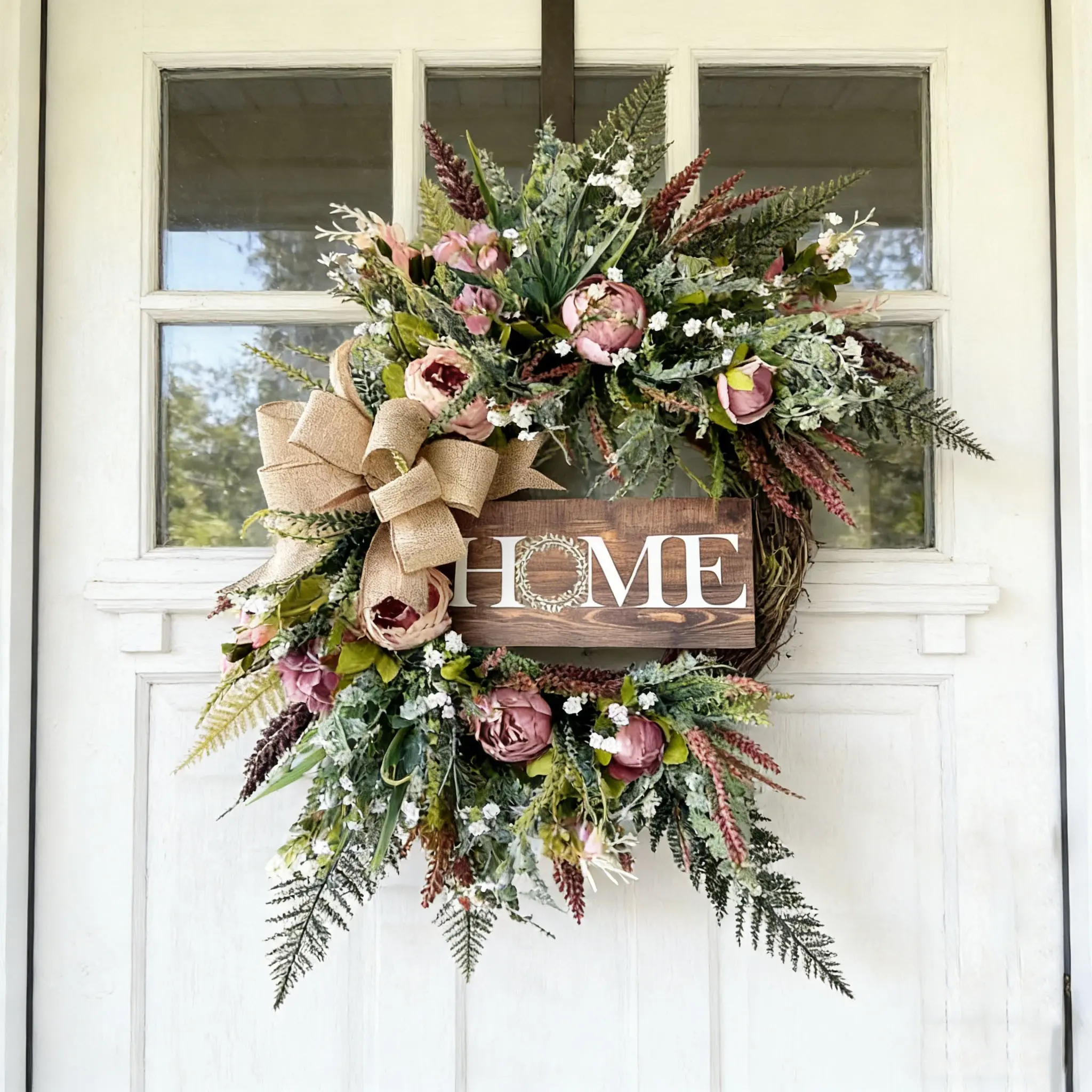 Home Letter Flower Ring with Coarse Linen Bow and Artificial Peony Flowers, Rustic Front Door Decoration, Festive Home Decoration, All-Year Home Decor, Hanging Decoration, Floral Hanging Decoration
