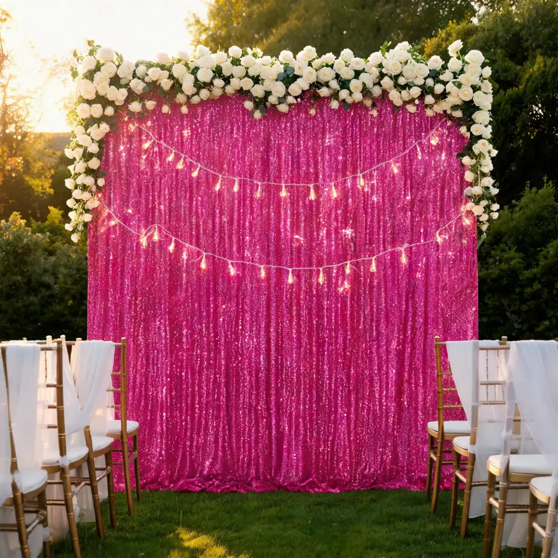 Fuchsia Sequin Polyester Backdrop Curtain, 1-Piece 7FTx7FT Glitter Backdrop Panel - Home & Party Decor for Bridal Shower, Wedding, Birthday Photography Props