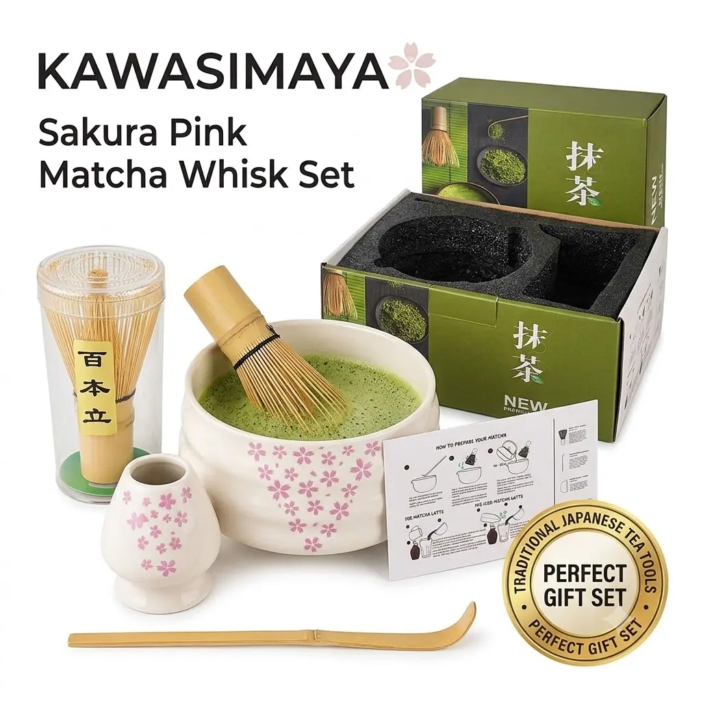 KAWASIMAYA Sakura Pink Matcha Whisk Set - Japanese Tea Ceremony Kit with Ceramic Matcha Bowl (Chawan), Bamboo Whisk (Chasen), and Scoop (Chashaku) - Traditional Matcha Making Starter Gift Set