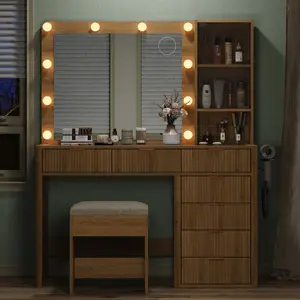 FUSOU 47'' W Fluted Vanity Desk [Shipping By 2 Packages] Makeup Vanity with Power Oultlet, 7 Drawers Vanity with 10 LED Lights and Mirror, 3 Lighting Modes Adjustable, Glass Top, Vanity with Chair for Bedroom, Natural,SummerVibe