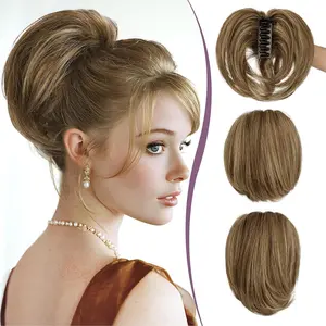 Claw Clip Short Human Hair Ponytail Extension with Bendable Metals for DIY Styles, Straight  Bun Hair  for Women Thick Hairpieces for Daily Wear, 9 Inch Brown with Blonde Highlight