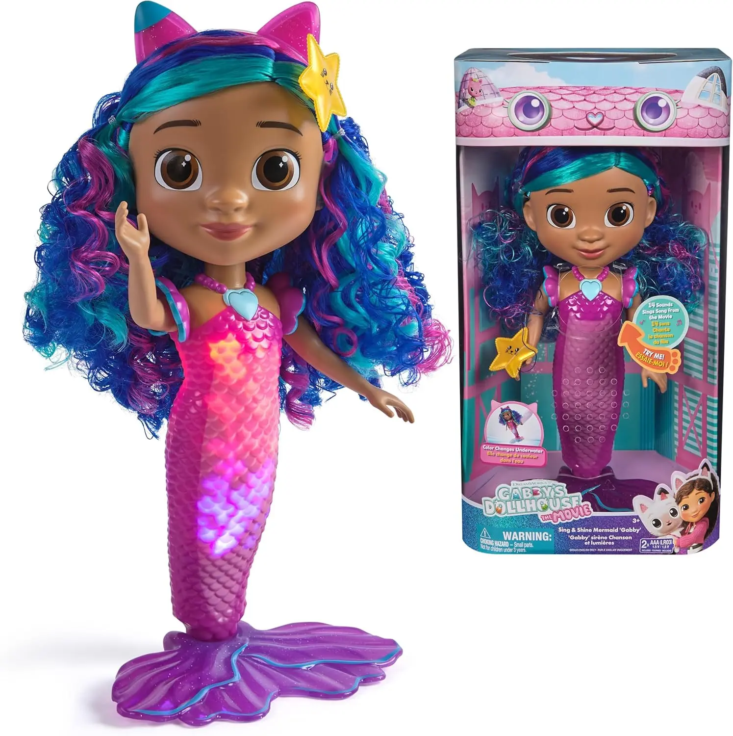 Unisex Kids DreamWorks Gabby's Dollhouse The Movie Sing & Shine Waterproof Mermaid Gabby Doll - 14 Sound Effects, Lights, Interactive Features, Color-Changing Tail, 1 AAA Battery, Collectibles, Children Development Toy - 3-4 Years Birthday Gifts