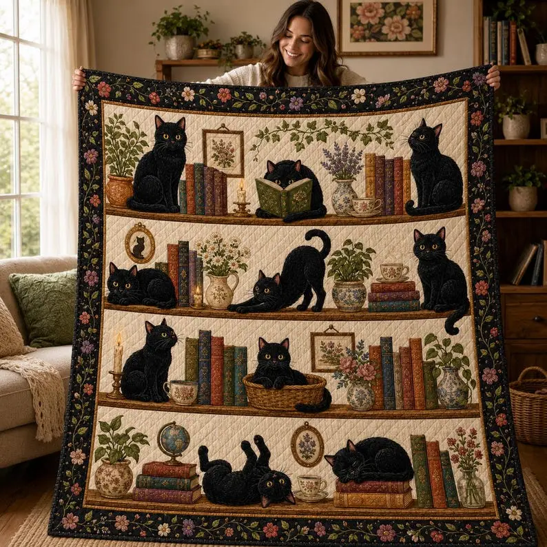 Black Cat Library Woven, Fleece, Sherpa, Velveteen Plush Blanket, Vintage Bookshelf Cozy Throw, Floral Book Lover Premium Quilt, Cat Lover Reading Room Decor Gift