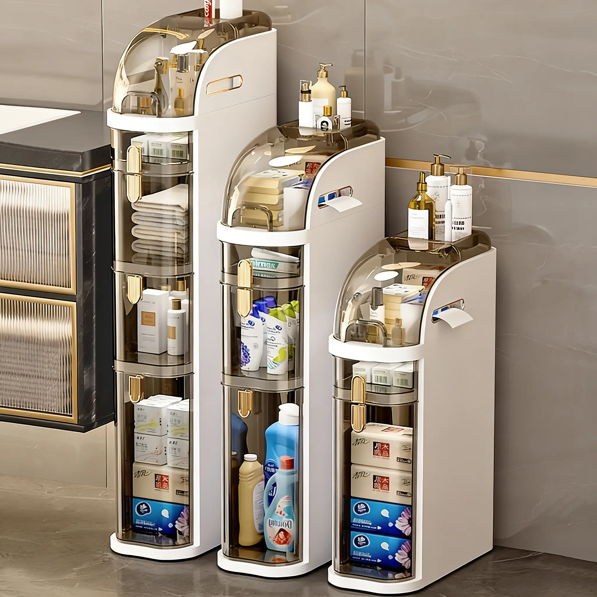 4 Tier Narrow Bathroom Storage Cabinet 7.1 Inch Slim Bathroom Floor Storage Cabinet with Drawer and Tissue Box Plastic Waterproof Mobile Storage Cabinet with Wheels for Small Kitchen Laundry Room Living Room