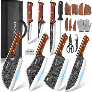 14Pcs Kitchen Knife Set, MDHAND Professional Chef Knife Set, Hand Forged High Carbon Steel, Butcher, Meat Cleaver, Boning, and Viking Knives, with Knife Roll Bag#fathersdaygift