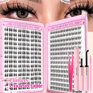 280PCS DIY Eyelash Clusters Kit, False Eyelashes, Eyelash extensions, Curly lashes, Fluffy Lashes, 2 Mixed Eyelashes, Natural Look, Doll/Cat-Eye Styles, C-Curl & Light, Easy to Apply with Bond & Seal, Tweezer, Brushes, for Beginners, Daily, Parties