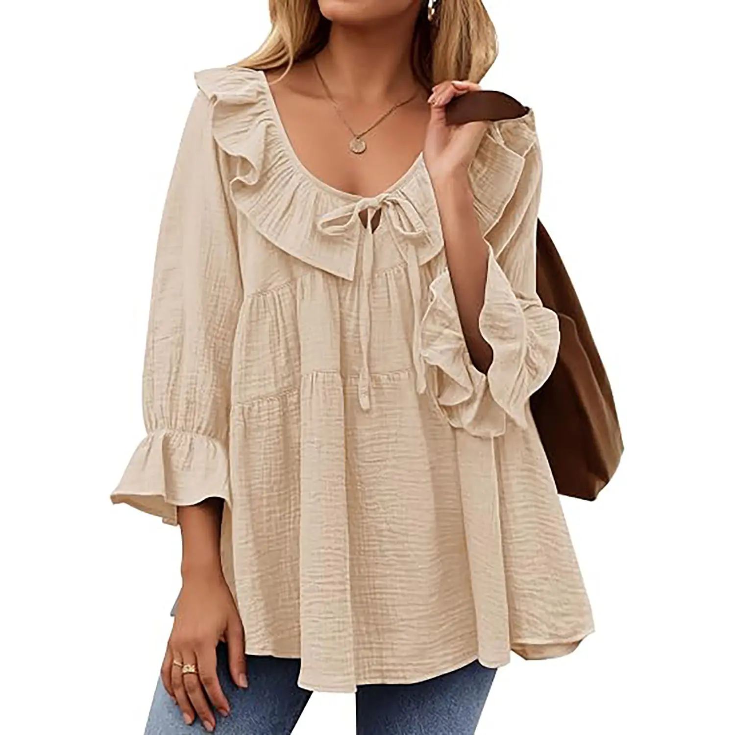 ZESICA Womens Scoop Neck 3/4 Length Sleeve Tops 2025 Casual Tie Front Ruffle Tiered Loose Tunic Shirts Blouses Fall Outfits