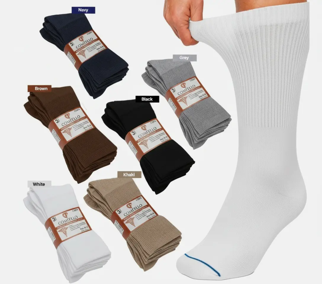 6 Pairs Comfello Diabetic Socks for Mens & Womens, Non-Biniding Circulatory Cotton Doctor Approved Cushioned Cotton Socks Seamless Prevents Holes and Swelling, White & Black Socks for Men (6, 12, 18 & 24 Pairs) 9-11 10-13 13-15 Menswear Menswear