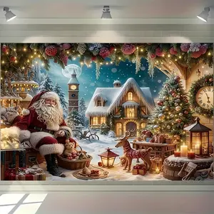 1pc 2D Flat Santa Claus Gingerbread House Backdrop Banner, White Textile Decor, Suitable for Christmas Party, Home Photography, Indoor/Outdoor Use