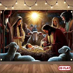 2D Flat Merry Christmas Nativity Scene Banner Polyester Hangable Wall Decor with Mary Joseph Youngsters Jesus & Shepherds Perfect for Winter Holiday Parties Home Decoration and Photo Booth Backdrops Ornaments