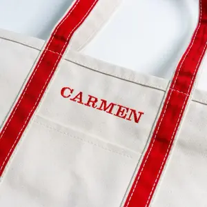 Embroidered Personalized Large Tote - Red Trimmed Canvas Bag with Customization Options