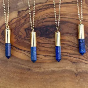 Lapis Lazuli Crystal Bullet Necklace - Gold Plated Chain & Blue Stone Pendant for Women's Fashion Jewelry