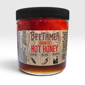 BeeTamer's Hot Honey - 100% Natural Honey Infused with Chile de Arbol, Ancho, Pure Mother Vinegar, 22 Oz glass Jar  Pizza Wings Fried Chicken