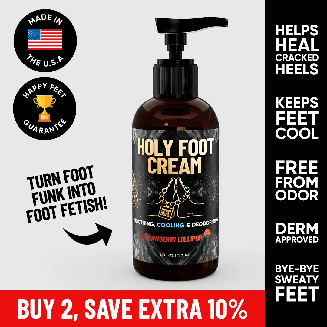 Derm Dude Holy Foot Cream - Moisturizer for Sweaty Smelly & Cracked Heels with Deodorizing Power - Strawberry Lollipop Scent - Hydrating & Antifungal - 100g