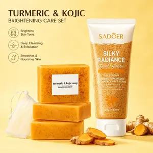 Turmeric & Kojic Brightening Soap with Drawstring Bag + Turmeric Niacinamide Oil-Control Face Scrub Combo, Cleanses, Exfoliates, Fades Discoloration, Reveals Smooth, Bright Skin for Daily Use Facial Cleansing Skin Repair