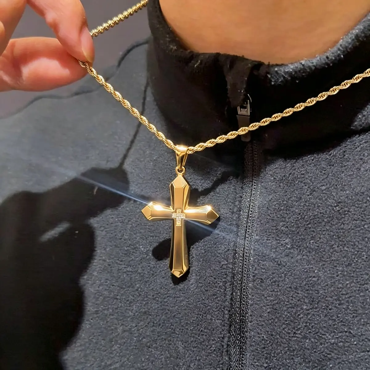 Unisex Cross Necklaces - Sleek Geometric Cross Pendant Necklace for Men, Sharp Lines Stainless Steel Crosses with Cubic Zirconia, Gold Silver Tone Christian Jewelry Gift Halo Accessories