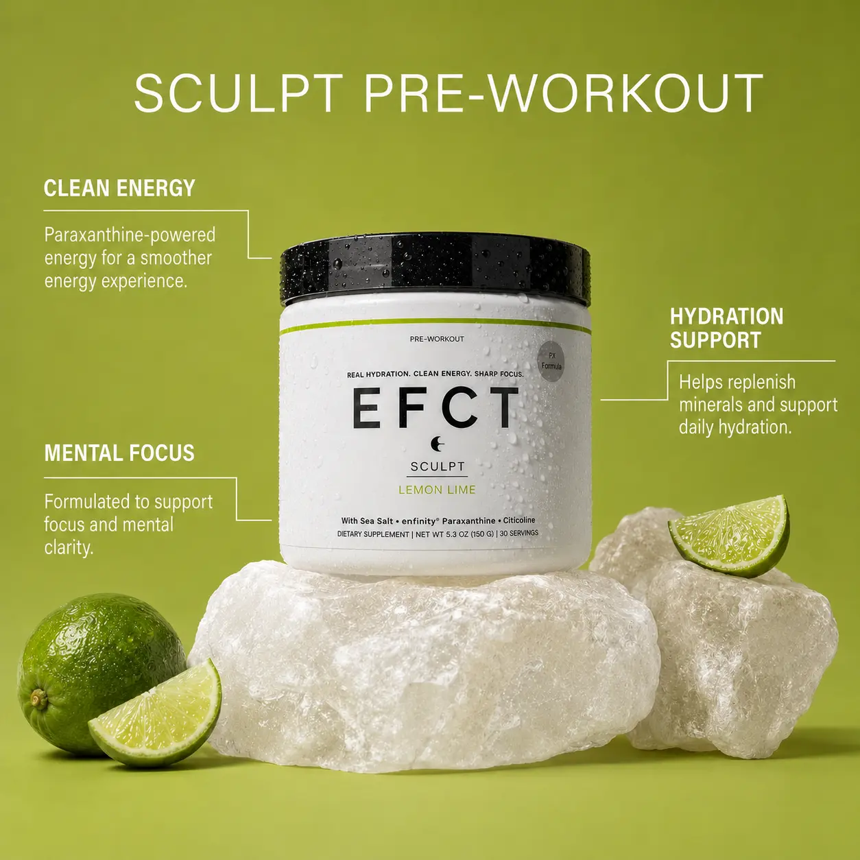 EFCT SCULPT Clean Pre-Workout & Energy Drink Mix — Paraxanthine + Electrolytes + Focus, No Caffeine, Zero Sugar, No Crash, Lemon Lime (30 Servings) summeressentials summervibes️