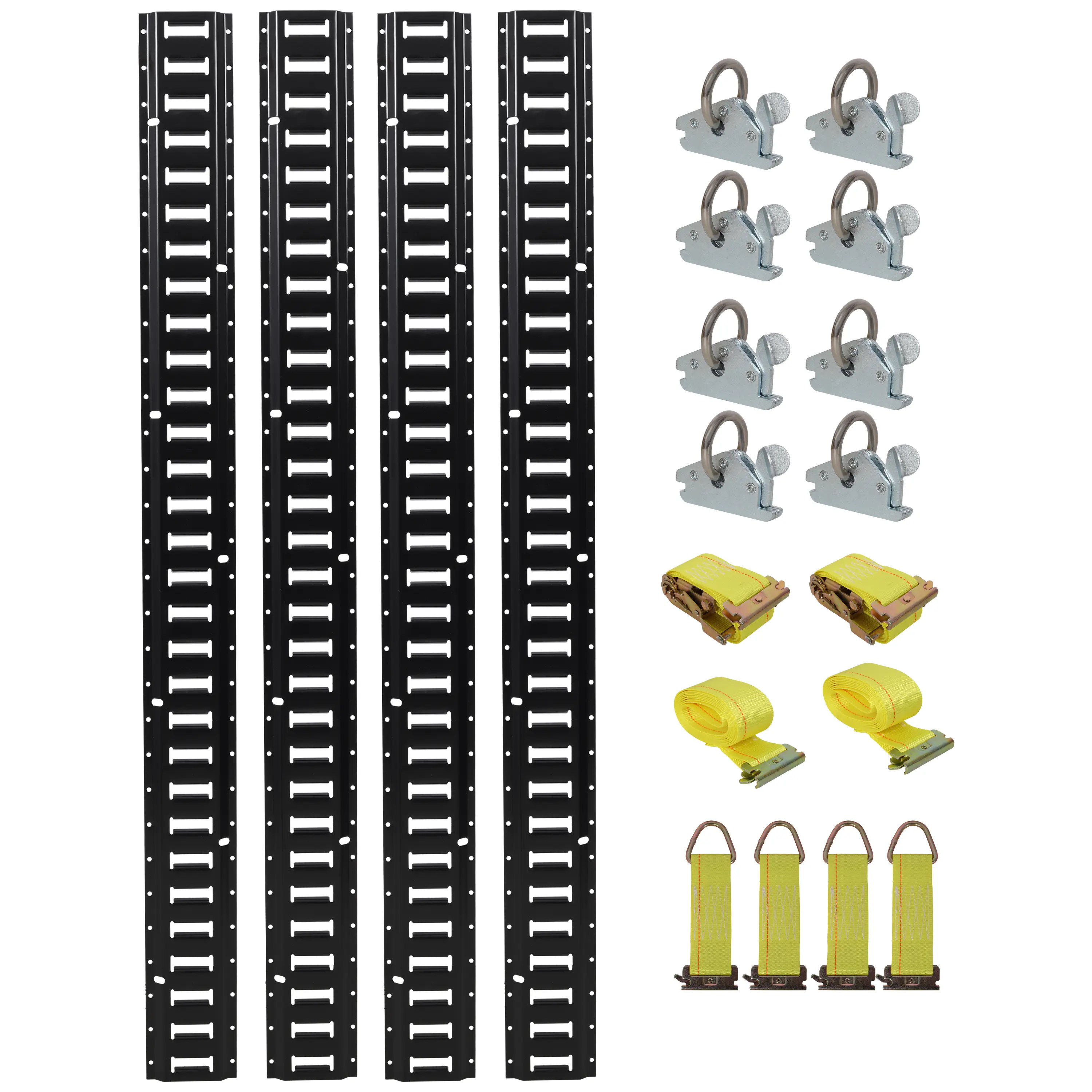 18-Piece Truck Cargo Security Organizer Complete Kit - 5ft/5' Horizontal Rails, Stainless Steel 4-Pack 2" O-Rings, Retractable Strap, 2-Pack Ratchet Straps, Secure Locking for Trailers, Warehouses
