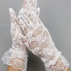 1 Pair of Elegant White Lace Fingerless Gloves for Women - Breathable Mesh & Floral Pattern, Elastic Fit, Decorative Wedding Bridal Gloves with Ruffled Cuffs, Perfect for Summer Outings, Lace Gloves