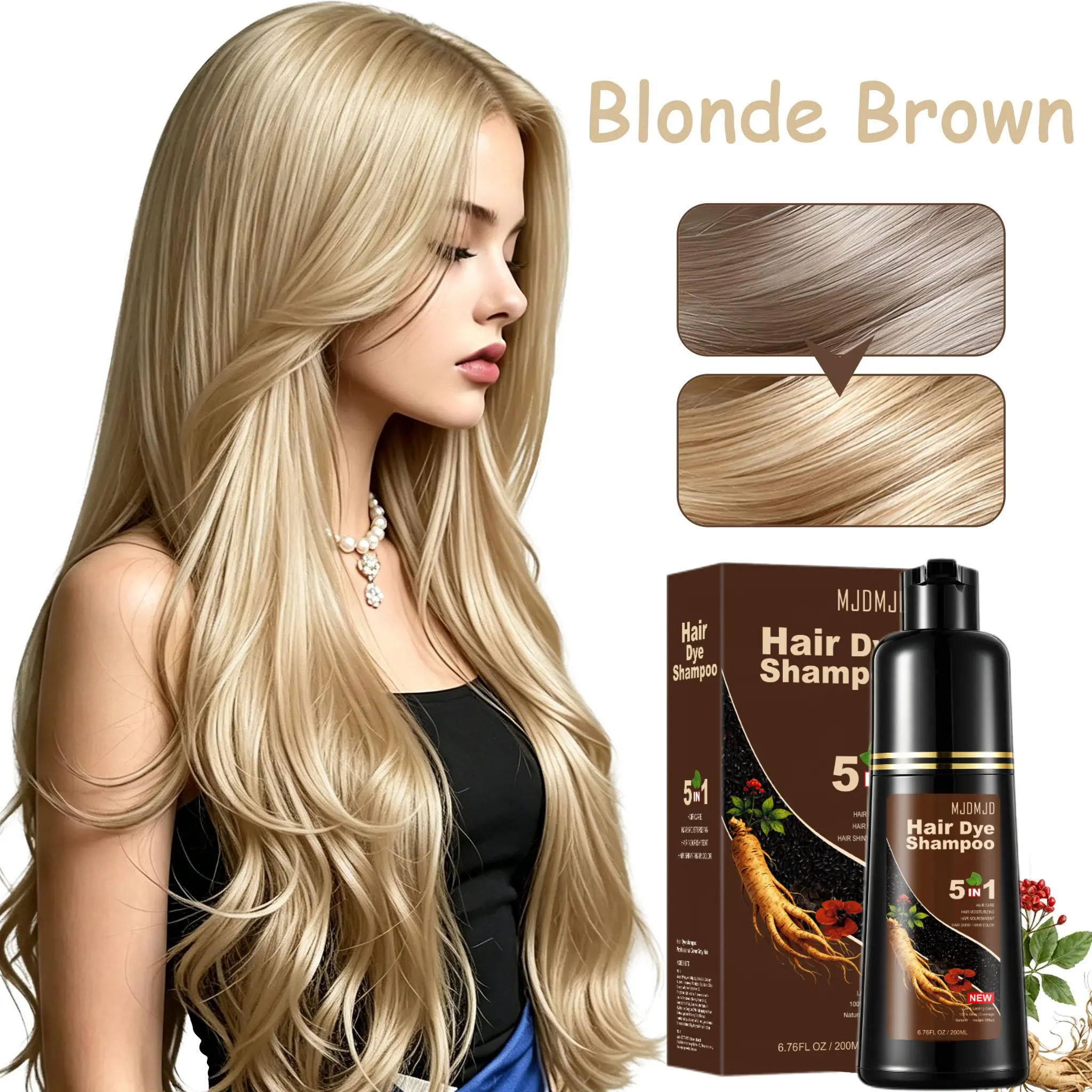 Blonde Brown 3-in-1 Hair Dye Shampoo, Instant Gray Coverage, Natural Hair Color for Women & Men, Fast Coloring, Long Lasting, Easy Use, 200ml
